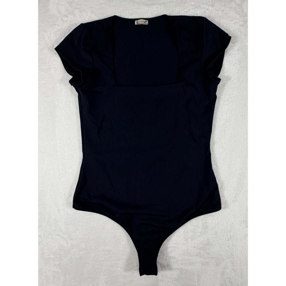 Free People Bodysuit Women's Sz M Black‎ Fair And Sqaure Neck Duo Thick
